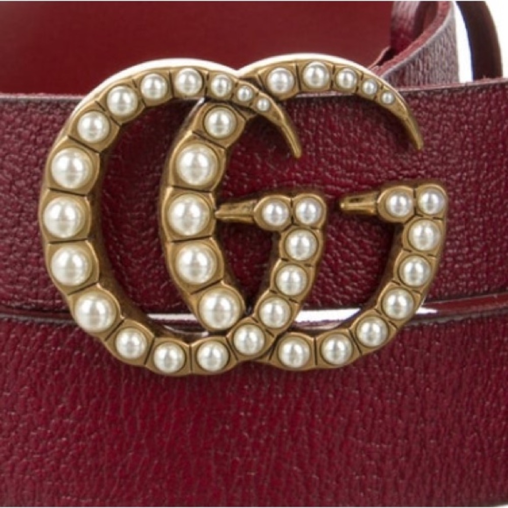 Gucci Red Leather Belt with Pearl-Studded Gold GG Logo - Picture 1 of 5